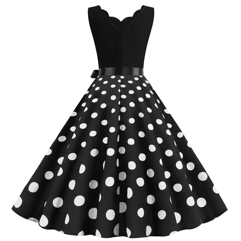 Women Retro 50s 60s Polka Dot Dress – Vintage Sleeveless V-Neck Bow Ball Gown Summer Party Sundress Vestidos
