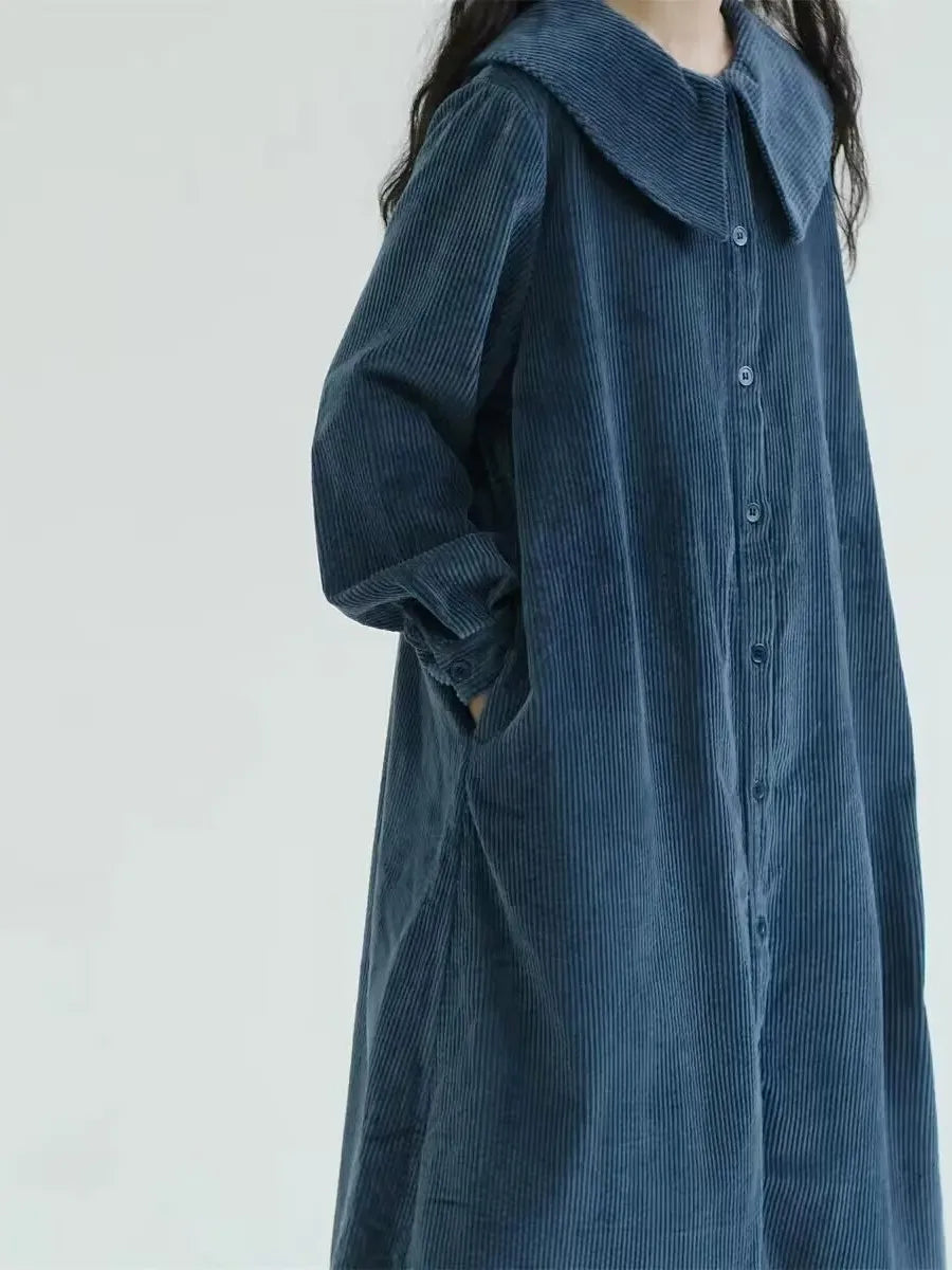 Loose Blue Velvet Long Sleeve Dress – Lotus Leaf Collar Vintage Style Casual Pure Color A-Line Women’s Dress | Spring & Autumn