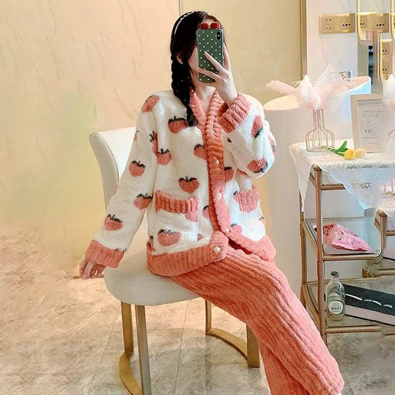 ❄️ Padded Coral Velvet Women’s Pajama Set 🌸 Thickened Warm Flannel Loungewear 🛌 Winter Sleepwear Two-Piece Homewear
