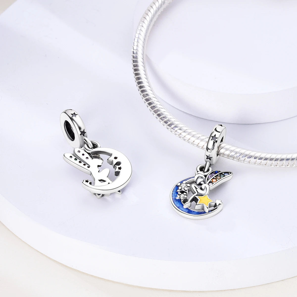 Silver Plated Colorful Glowing Moon & Stars Rainbow Dangle Charms | Fit Original Bracelet & Necklace | Women’s Jewelry Beads