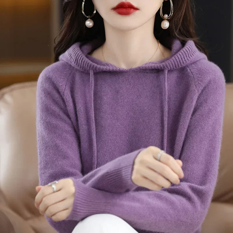 Women Pullover Sweater Hooded Jumper – Korean Loose Fit Solid Long Sleeve Thick Warm Knitted Sweater Autumn Winter