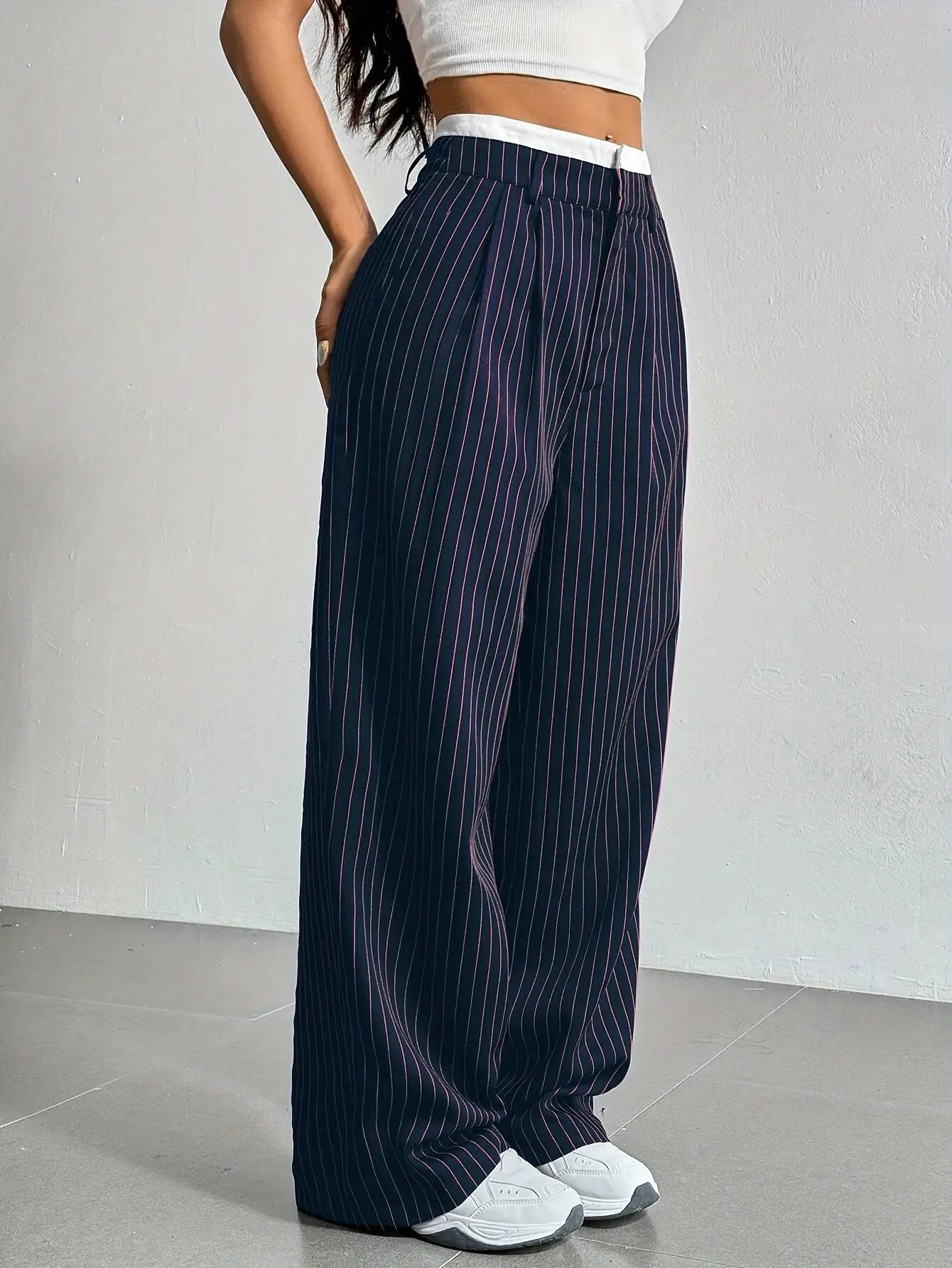 Women’s High Waist Straight Leg Pinstripe Trousers | Office & Casual Striped Dress Pants with Pockets