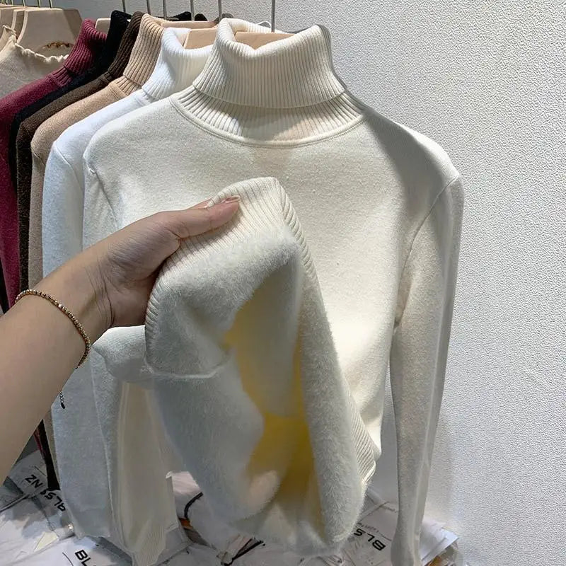 2025 Women’s High Collar Pullover Sweater – Thick Warm Soft Winter Top | Solid Color Bottoming Shirt