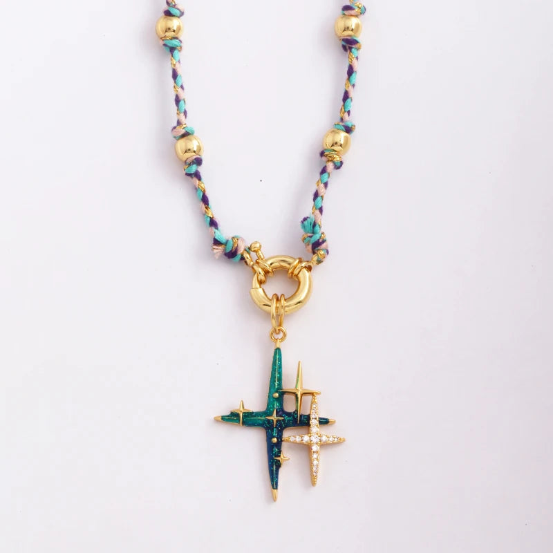 Star Celestial Evil Eye Beaded Necklace Boho Long Knot Cotton Cord Jewelry