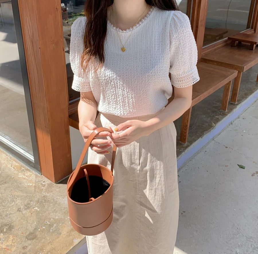 Elegant White Lace Hollow Out Blouse | Fairy-Style Bubble Sleeve Summer Top for Women