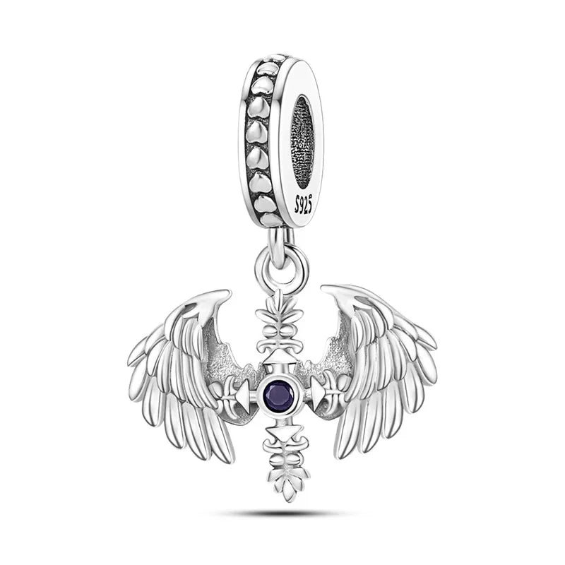 S925 Silver Angel Baby Charms | Heart Shape Wings Dangle Beads Fit Bracelet & Necklace