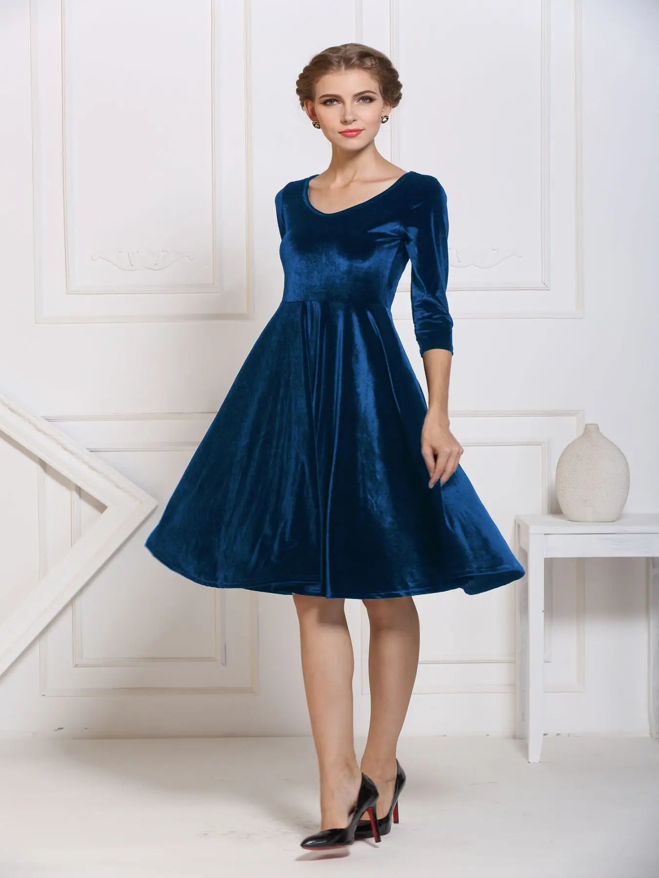 2025 Autumn Winter Navy Velvet Midi Dress – Three-Quarter Sleeve Elegant Evening & Bridesmaid Dress