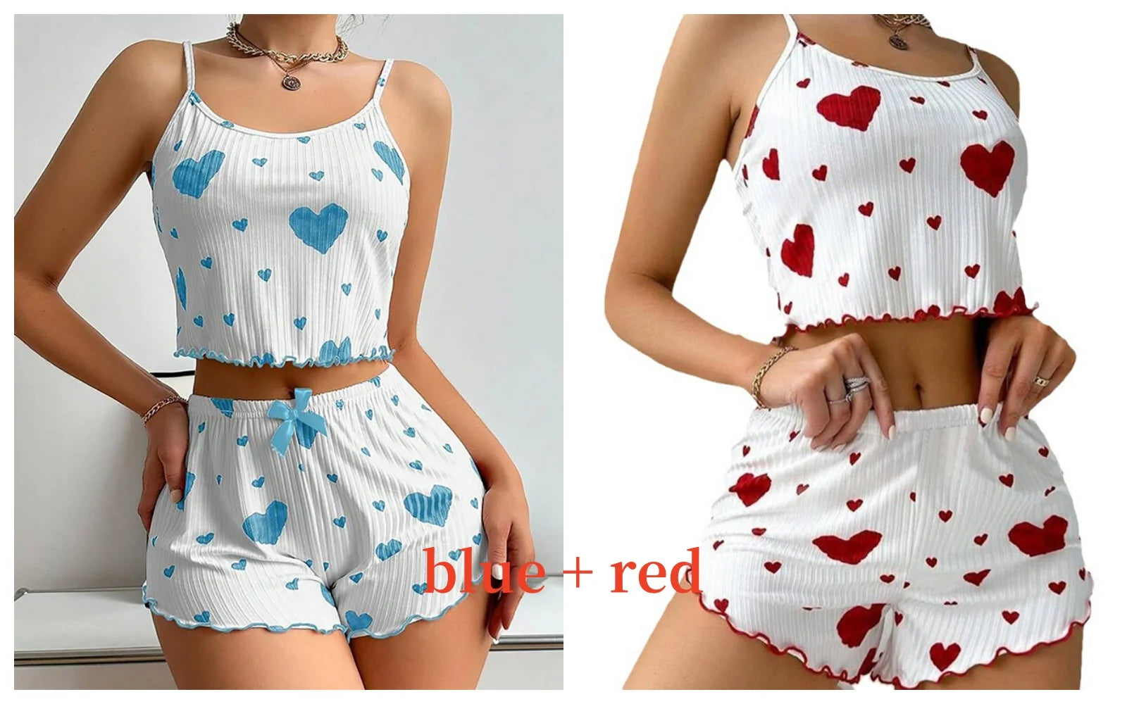 Women’s 2-Piece Pajamas Set – Short Tank Top & Shorts Sleepwear, Soft Casual Ventilated Loungewear with Love Print