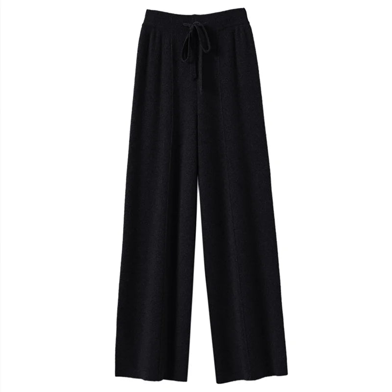 High Waist Knitted Wool Wide Leg Pants – Extended Length Drawstring Casual Loose Slimming Trousers for Autumn & Winter