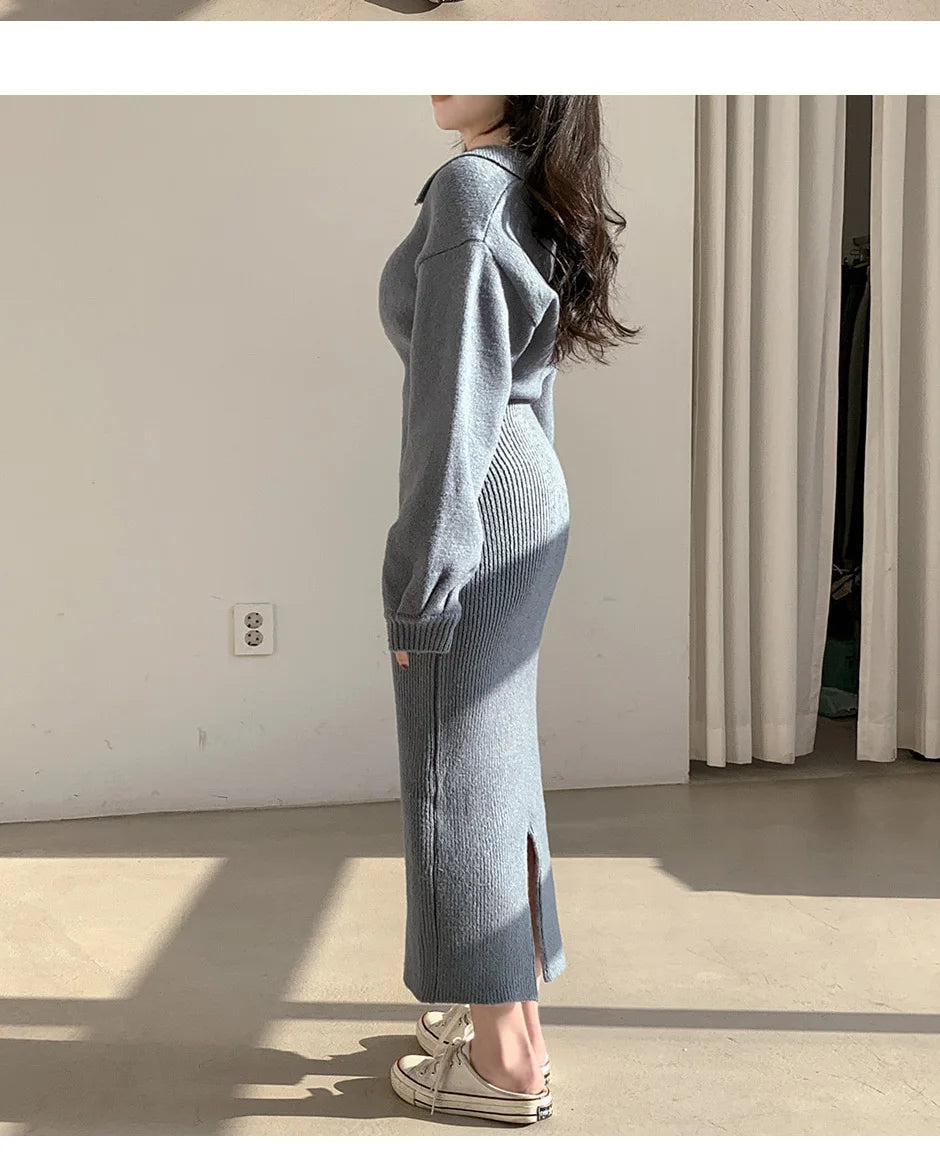 Elegant V-Neck Knitted Dress – Women's Autumn Winter High Waist A-Line Long Skirt, Soft Wrap Body Korean Style