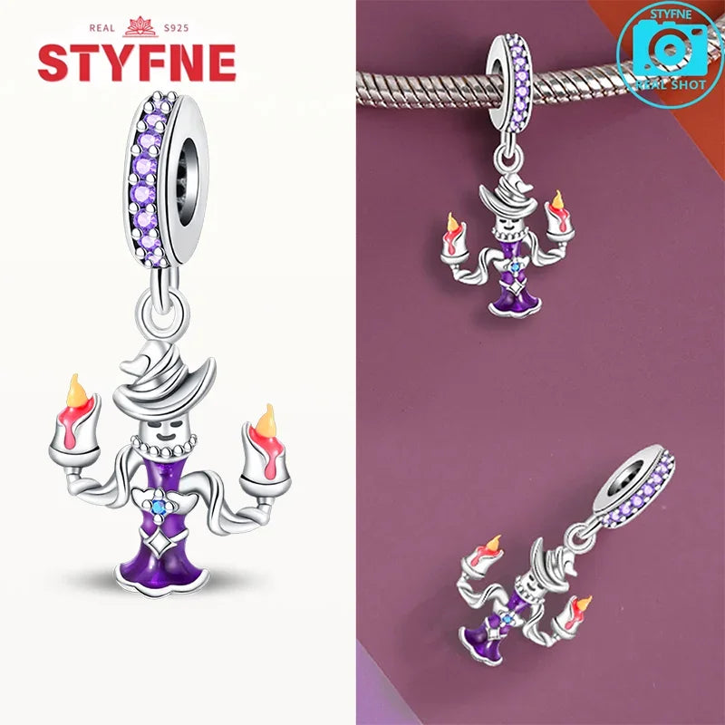 925 Sterling Silver Purple Flying Witch Hat & Magic Book Charm – Fits Original Bracelet DIY Halloween Jewelry Gift for Women