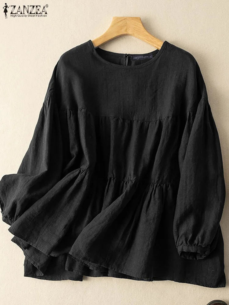 ZANZEA Autumn Vintage Cotton Blouse – Women Long Sleeve O-Neck Casual Solid Shirt 2023 👗✨