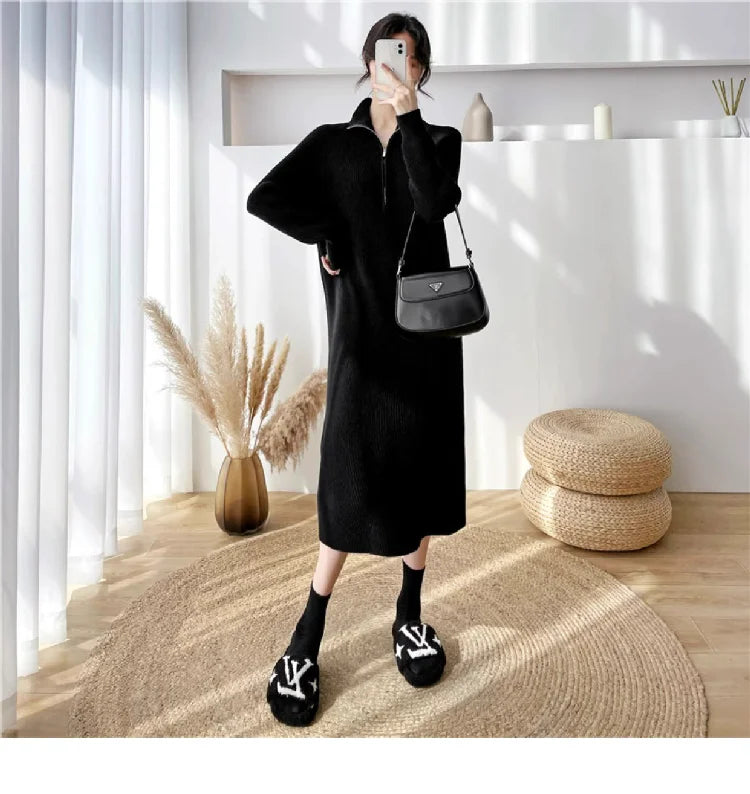Autumn Winter High Collar Knitted Dress for Women – Loose Fit Long Sleeve Straight Tube Casual Warm Outfit