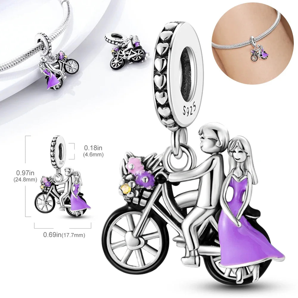 925 Sterling Silver Purple Flower & Butterfly Dangle Charm | Bead for 4MM Bracelet or Necklace DIY Jewelry Gift