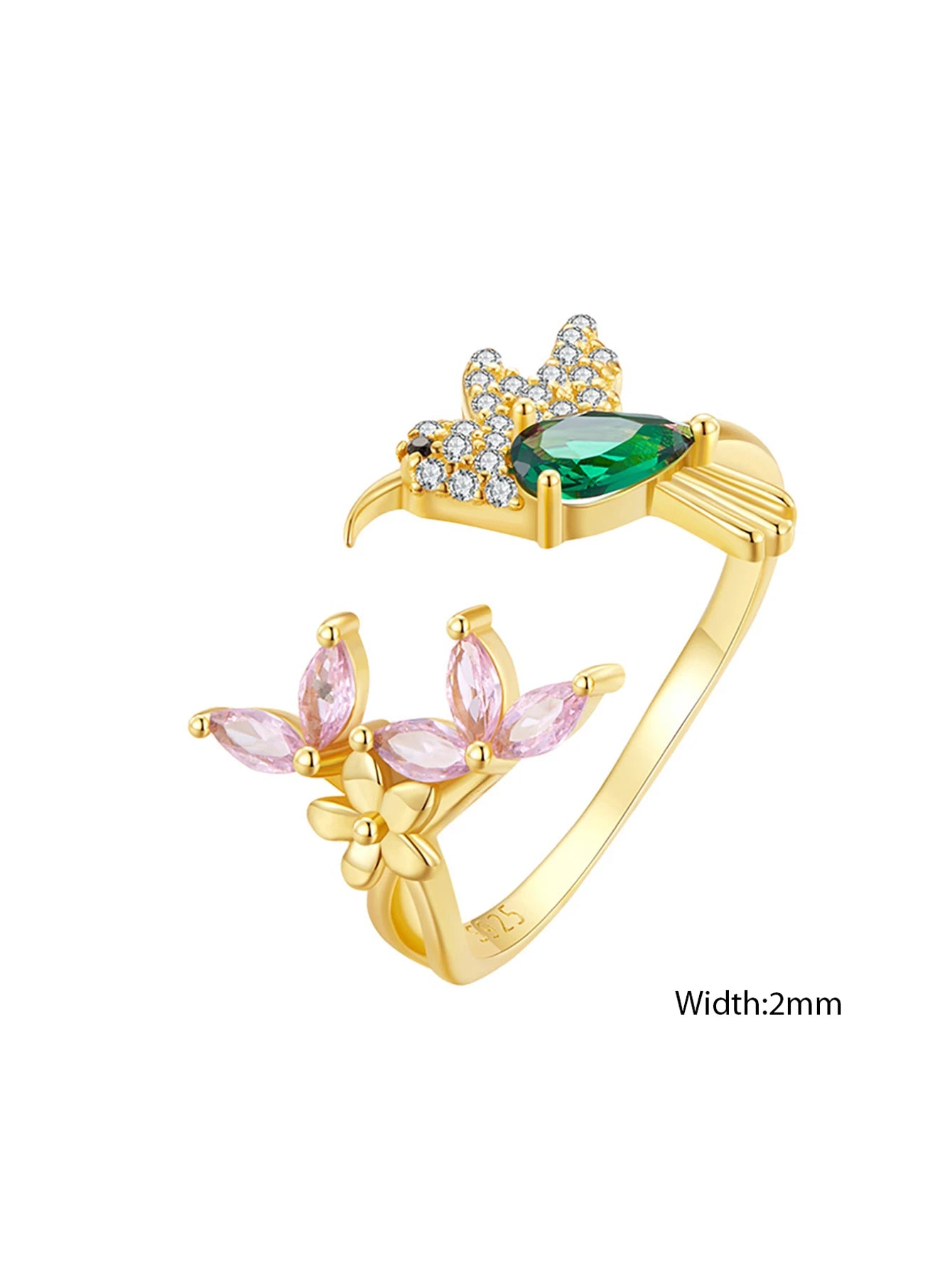 BISAER 925 Sterling Silver Floral Bird Open Ring | Adjustable White Gold Plated Flower Band for Women – Fine Party Jewelry