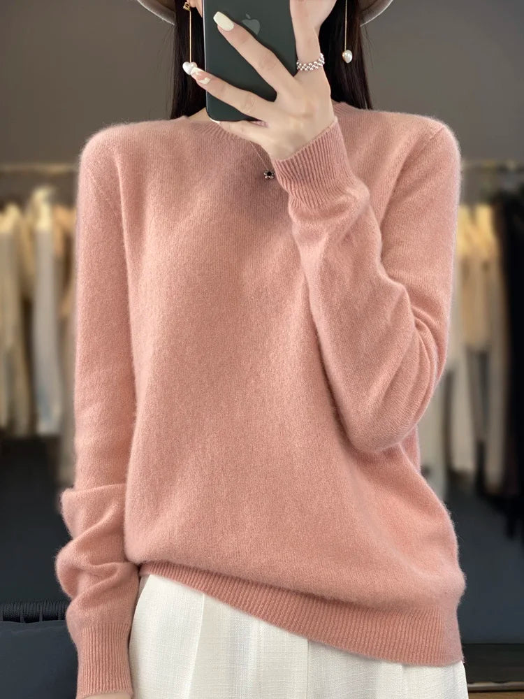 Women’s 100% Merino Wool O-Neck Cashmere Sweater – Autumn & Winter Casual Knitted Pullover 🍂🧶
