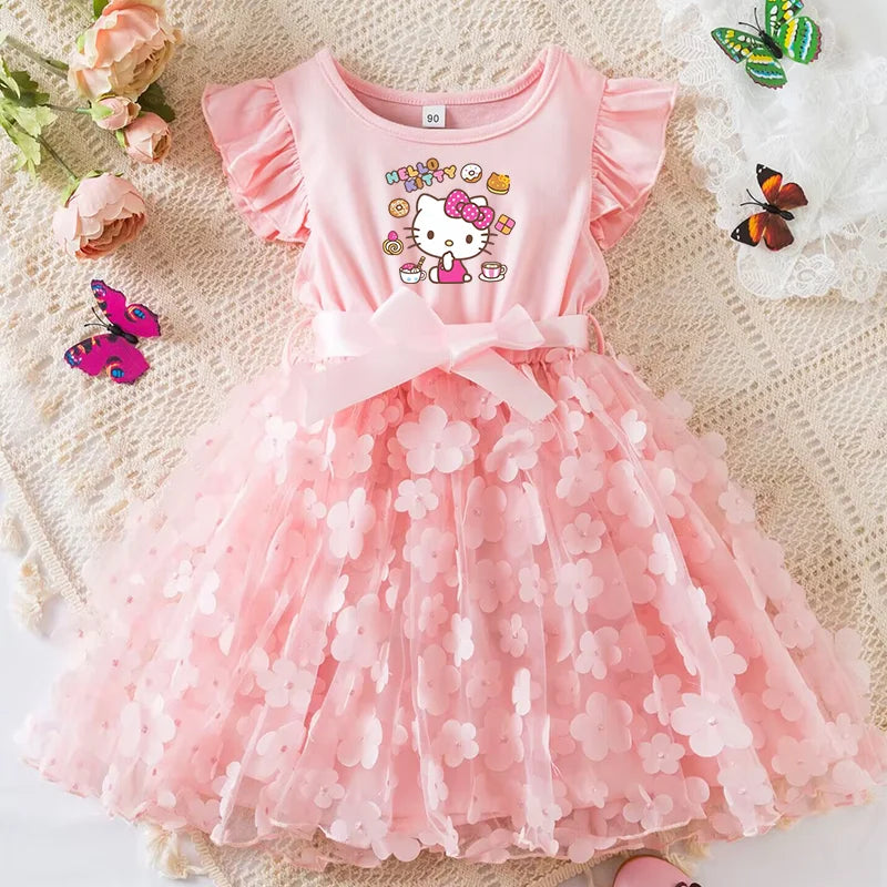 Hello Kitty Girls Tulle Flower Princess Dress | Wedding & Party Tutu Dress | Sleeveless Birthday Gift Outfit