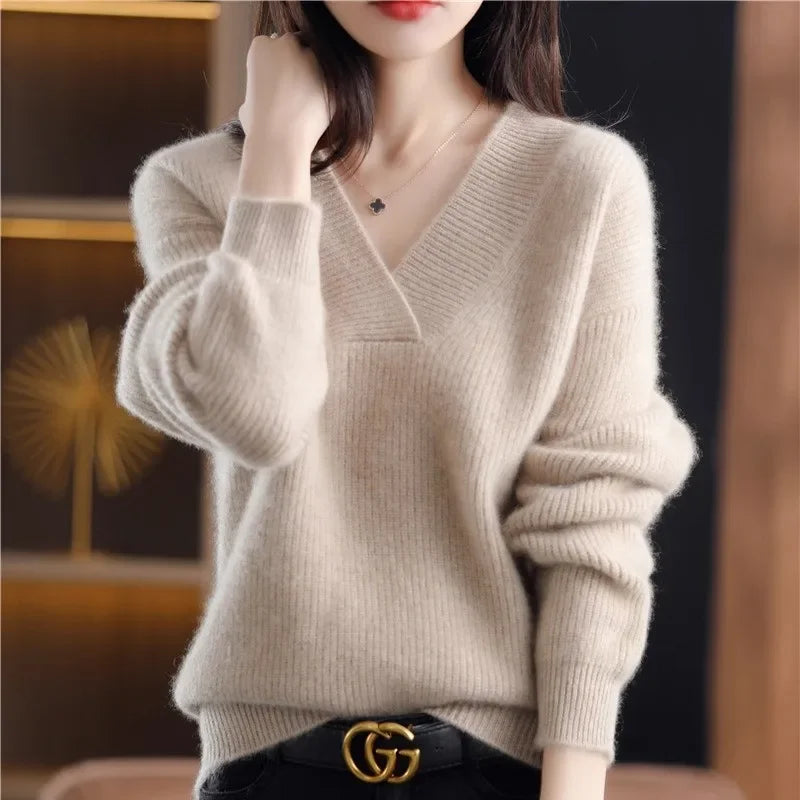 Autumn Winter Women’s V-Neck Knit Sweater – Solid Loose Pullover Soft Warm Casual Top