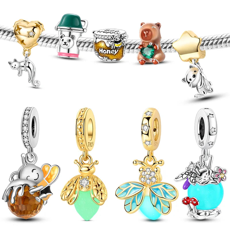 925 Sterling Silver Luminous Golden Firefly Charms | Sparkling Bee & Cat Dangle Beads Fit Original Bracelet DIY Jewelry Gift
