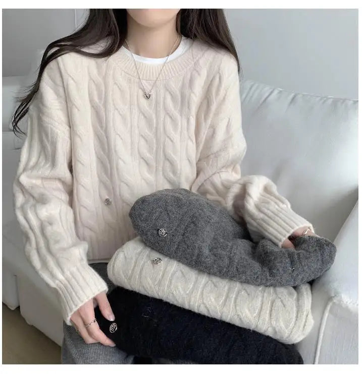 Soft ort Knitted Sweater Women's Top Lazy Sle Inner Wear Autumn Winter New Arrival Twist Cotton Long Sve round Ne Sw...
