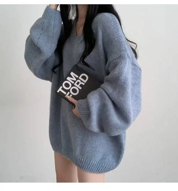 Soft Cozy Knitwear Women’s Loose Sleeve Sweater – Autumn Winter New Fashion V-Neck Long Sleeve Korean Commute Outerwear