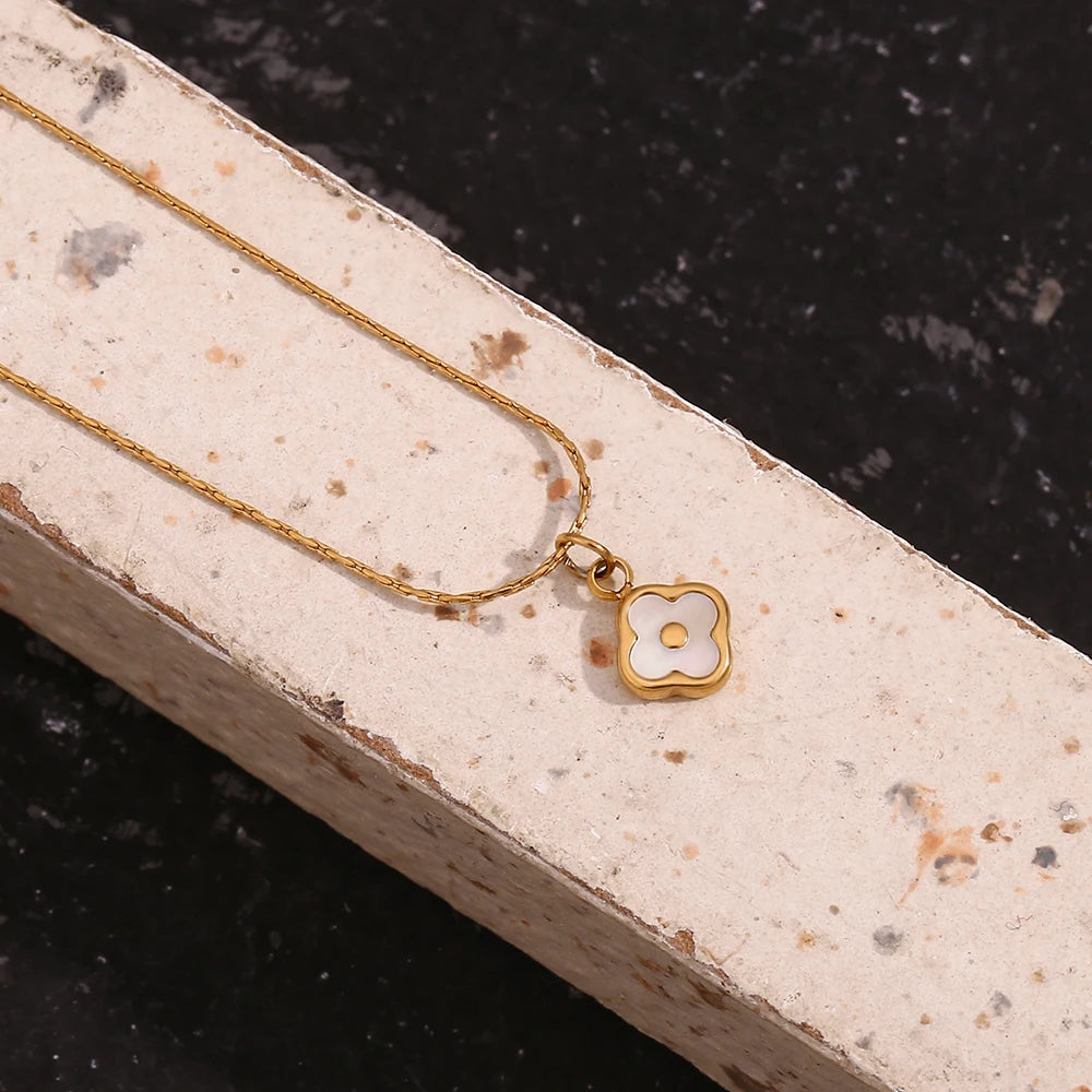 E.B.belle Mini Shell Flower Pendant Necklace – 18K Gold Plated Stainless Steel Jewelry for Women