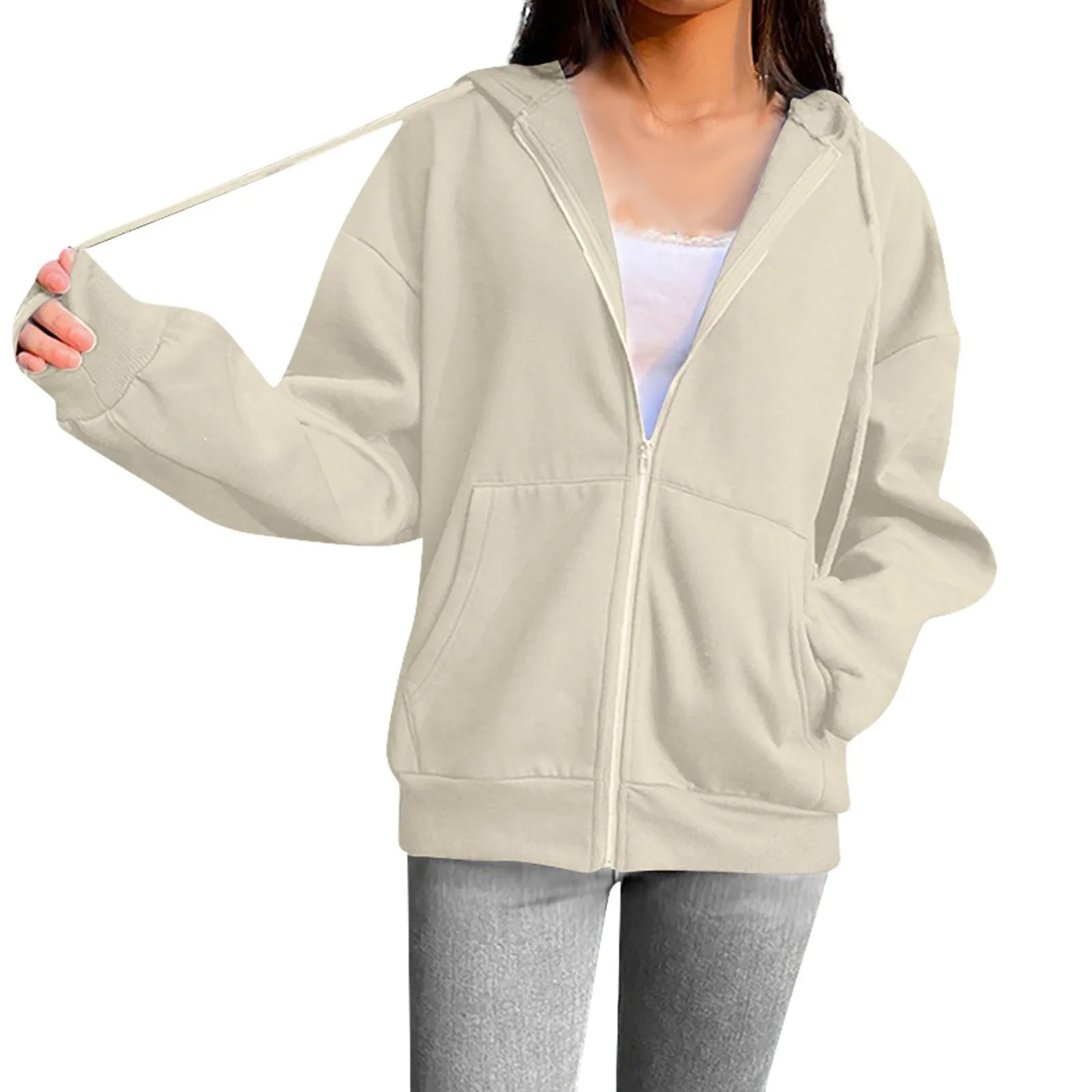 Spring Autumn Women Solid Color Hooded Sweatshirt Coat | Zipper Pocket Hoodie Jacket | Casual Outerwear Femme