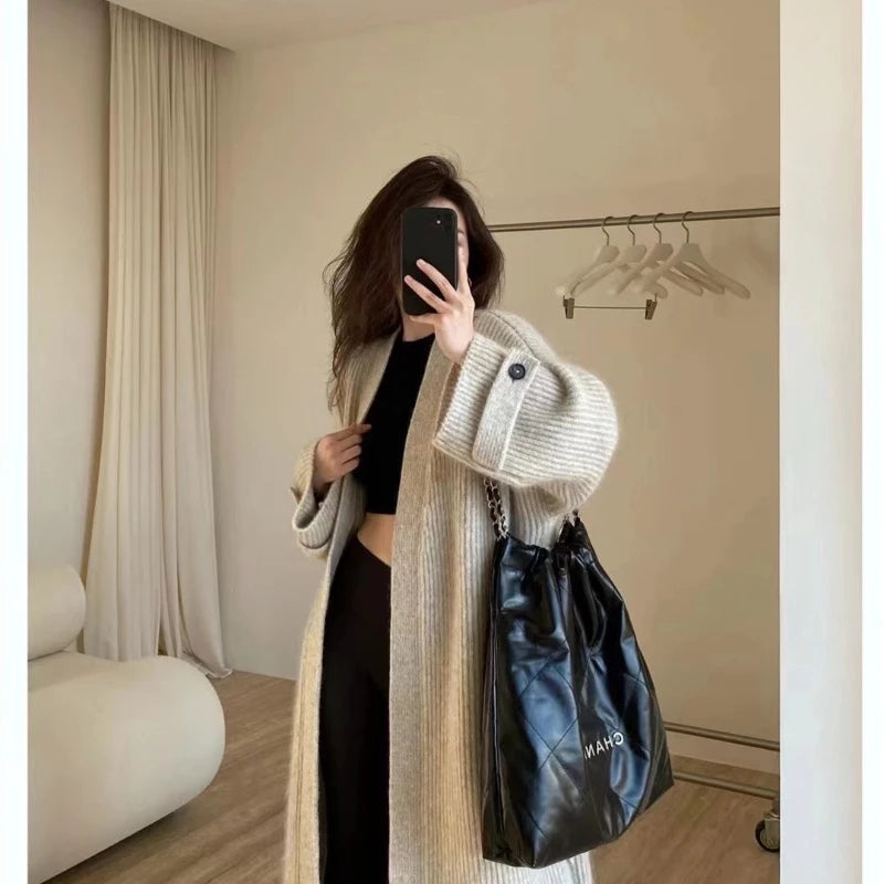 Women’s Retro Long Knitted Cardigan | Loose Solid Color Sweater Jacket for Autumn & Winter Fashion