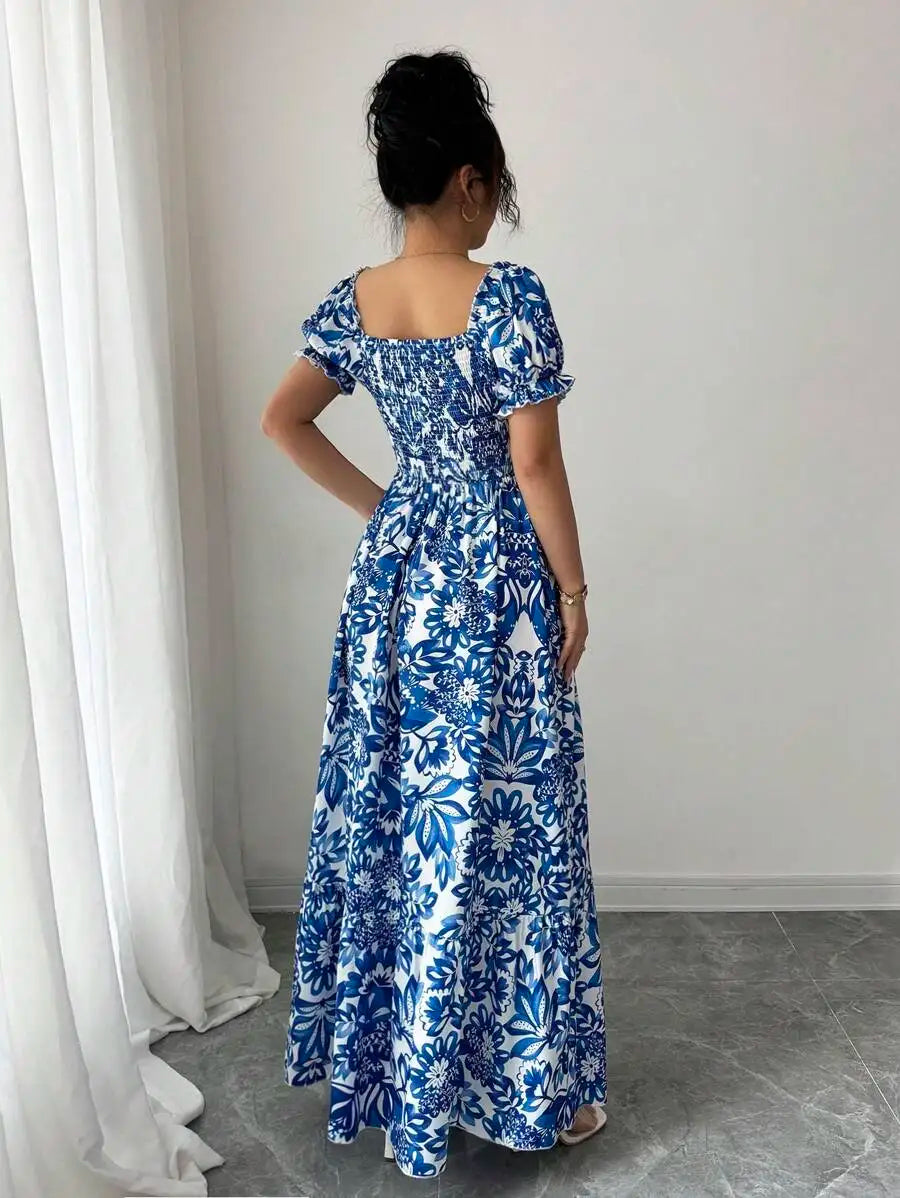 Elegant Women’s Floral Print Bubble Sleeve Dress – Blue Long Dress with Front Tie, Back Gathered Waist | Casual Vacation Dress