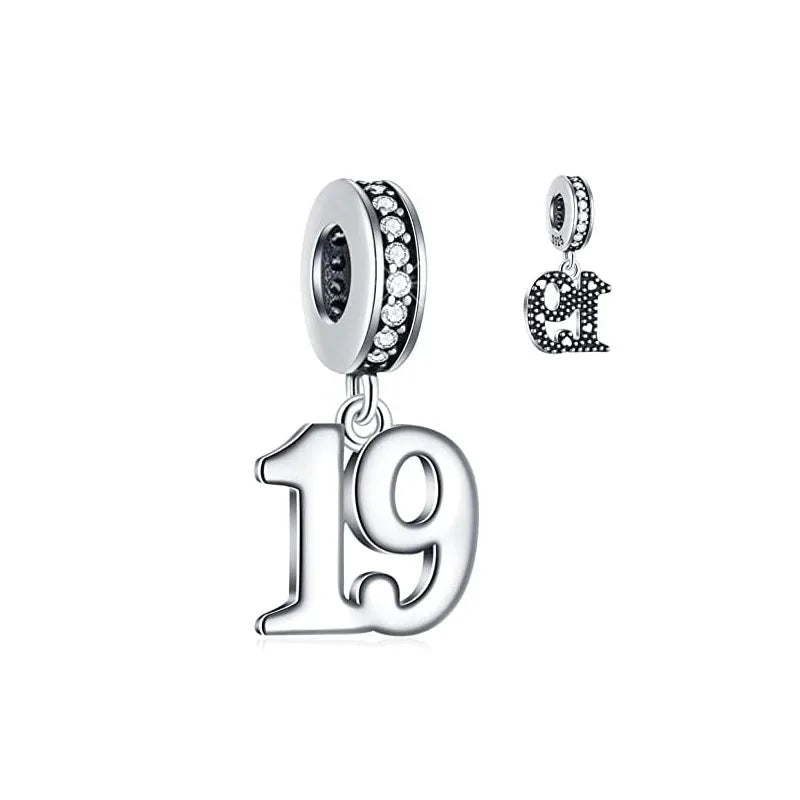 925 Silver Lucky Number Charms 16, 18, 21, 40 – Anniversary & Birthday DIY Bracelet Beads