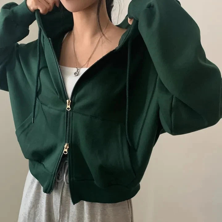Chic Early Autumn Casual Long Sleeve Hoodie – Double Zipper Loose Versatile Cotton Pullover | Pure Color Commute Wear