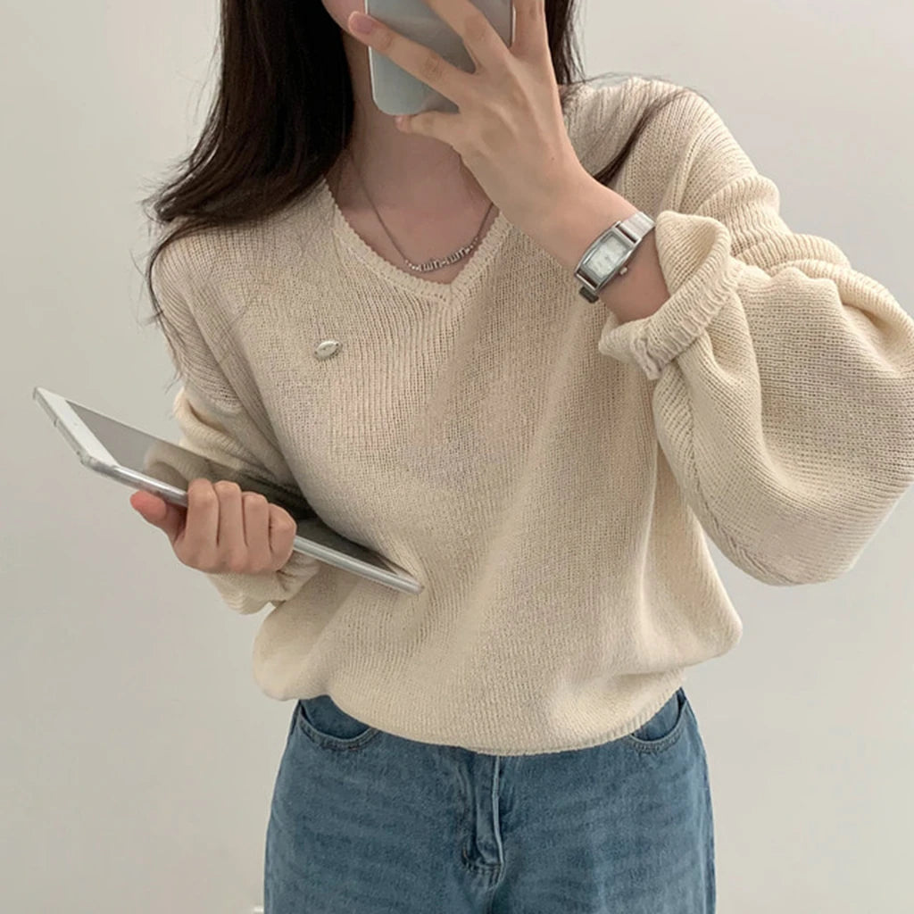 Loose Women’s Knitwear V-Neck Long Sleeve T-Shirt – Casual Comfortable Fashionable Autumn Top New Arrival