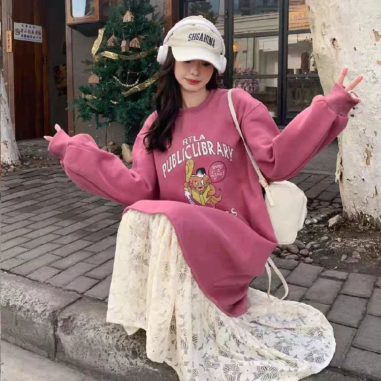 Sweet School Style Pink Lace Sweatshirt Dress – High Waist A-Line Cute Casual Women’s Fashion
