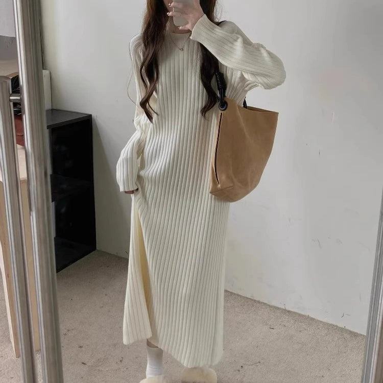 Plus Size Women’s Mid-Length Dress – Casual Round Neck Long Sleeve A-Line H-Line Skirt for Autumn Winter