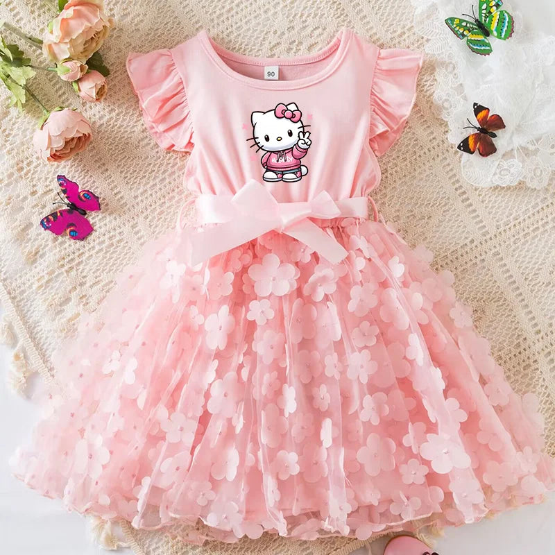 Hello Kitty Girls Tulle Flower Princess Dress | Wedding & Party Tutu Dress | Sleeveless Birthday Gift Outfit
