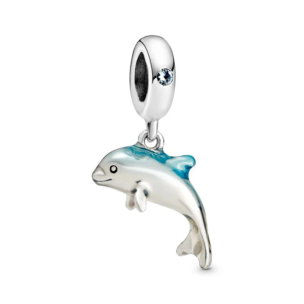 925 Sterling Silver Blue Planet & Dolphin Galaxy Dangle Charm | Women’s Bracelet DIY Jewelry