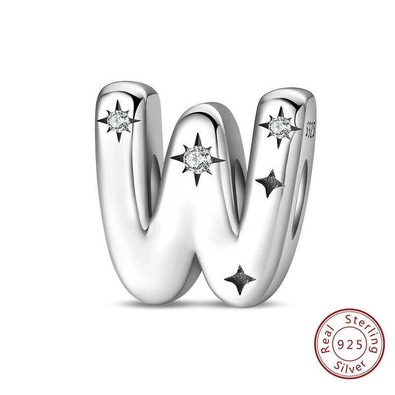 Classic 925 Sterling Silver A–Z Alphabet Charms | Letter Beads with Stars Fit Original Bracelet DIY Jewelry for Women