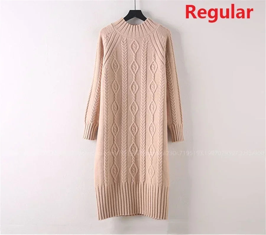 Winter Thicken Plus Velvet Sweater Dress for Women – Fall Mock Neck Rib Knit Midi Dress | Elegant Warm Vestido with Coats
