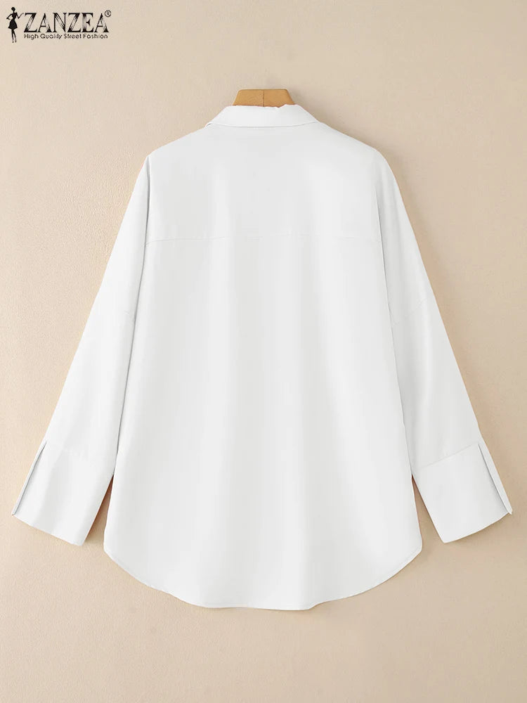 ZANZEA Oversized White Shirt Women – Turn-Down Collar Long Sleeve High-Low Top 2025 Autumn 🤍✨