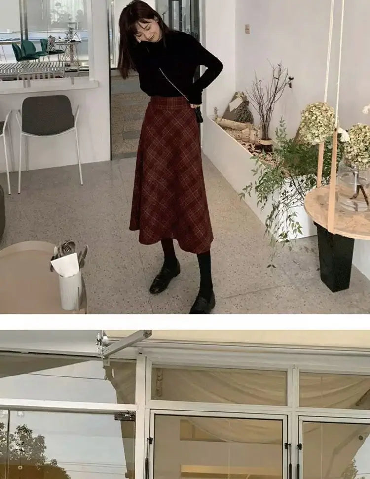 Retro Plaid  Skirt Women's Autumn Winter New A-Line Umbrella Skirt Wrap around Mid-Length Small Size f-length Skirt