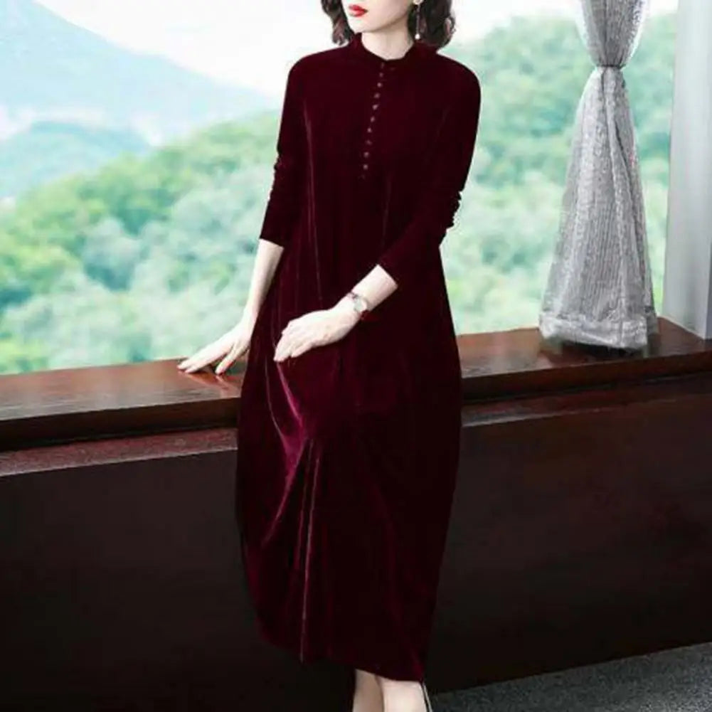 Golden Velvet Hooded Button Dress for Women – 2024 Elegant Plus Size Thermal Warm Spring Autumn Dress | Stylish Mom Dress