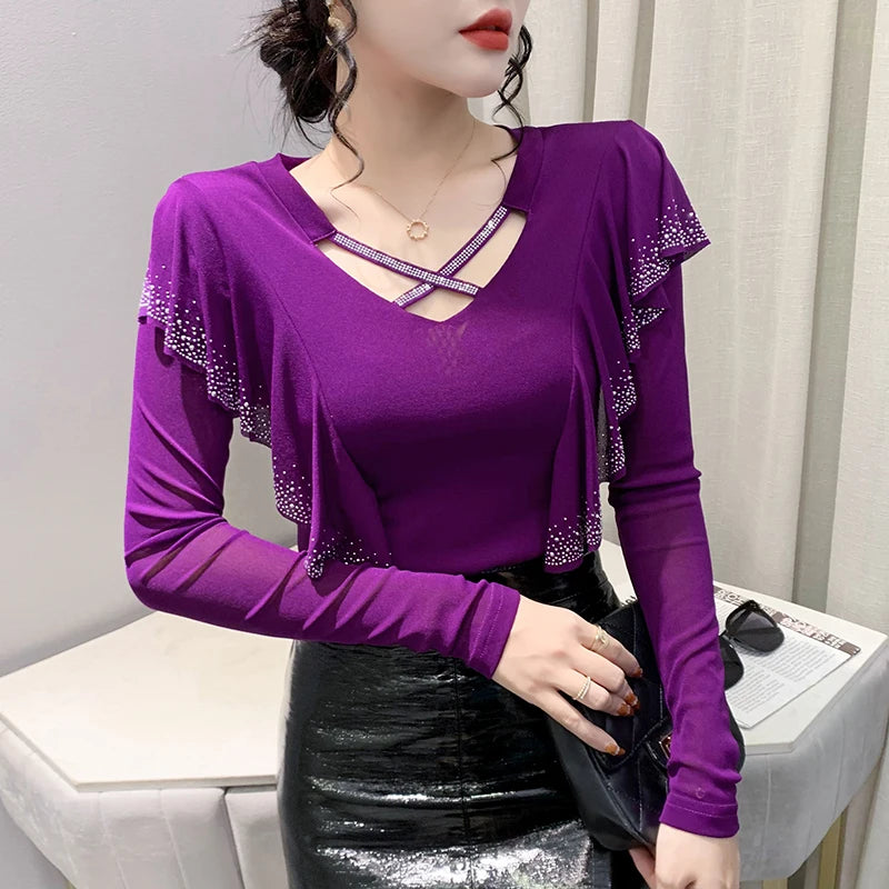 2025 Autumn Women’s Mesh Top – Korean Round Neck Ruffles & Diamond Detail Long Sleeve T-Shirt 🍂✨