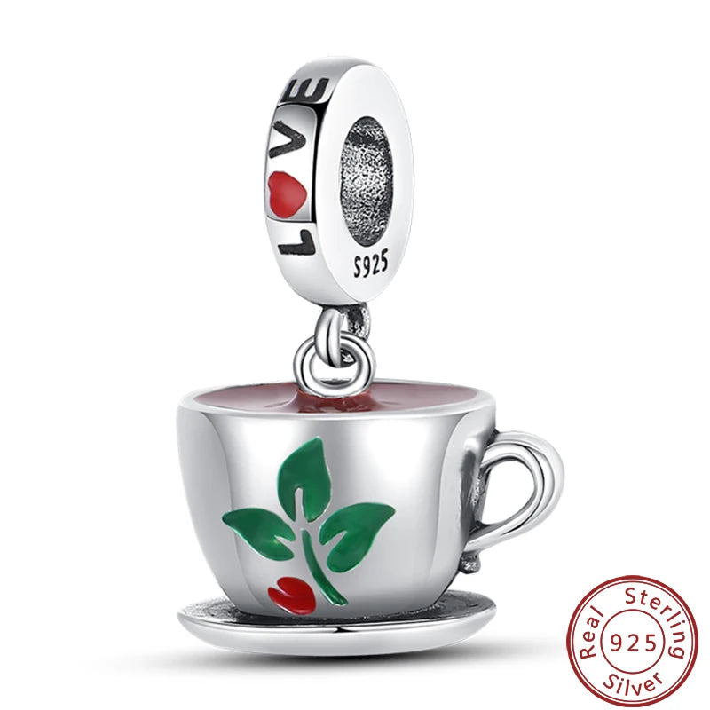 925 Sterling Silver Dessert Afternoon Tea Charm – Coffee, Cake, Pizza & Fries Beads Fit Original Pandora Bracelet DIY Jewelry