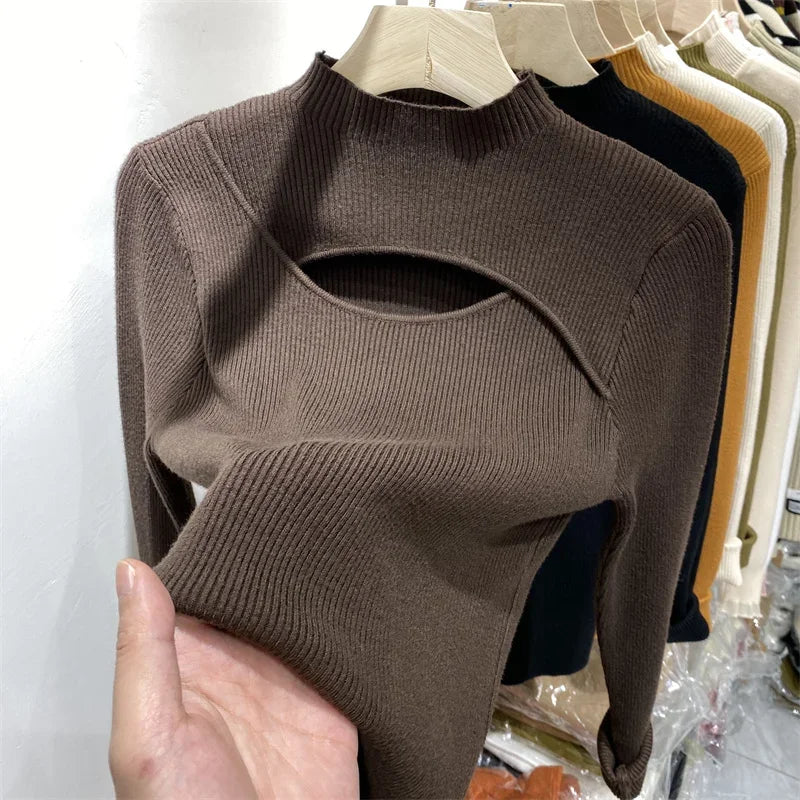 Women's Slim Knit Sweater | Autumn Winter Pullover Top | Long Sleeve Elastic Knitted Shirt for Women