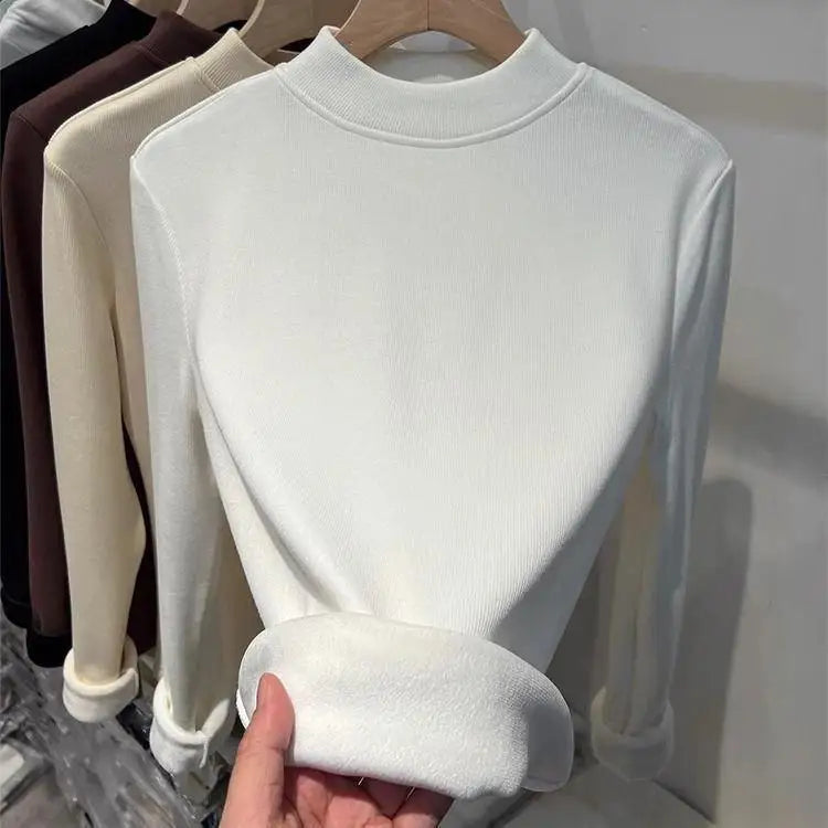 ❄️ Thiened Fleece Warm Long Sleeve Innerwear 👚 Slim Fit Mid-Neck Women's Base T-Shirt 🌸 Autumn Winter Two-Piece Set