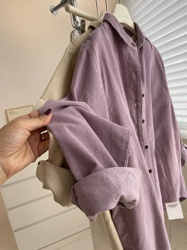 2025 Women’s Corduroy Purple Lotus Shirt | Loose Long Sleeve Casual Outerwear Top for Autumn