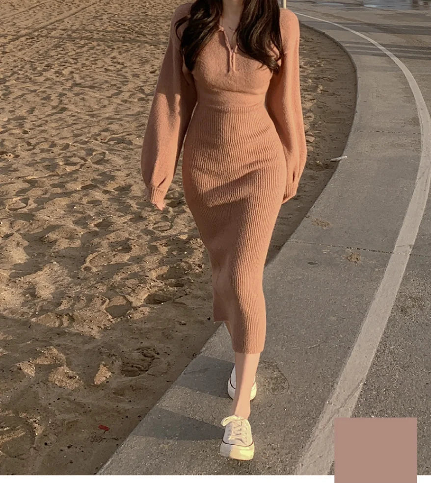Elegant Neck Knitted Bodycon Dress for Women – Soft Autumn Winter Long Sleeve Casual Comfortable Fashion Dress