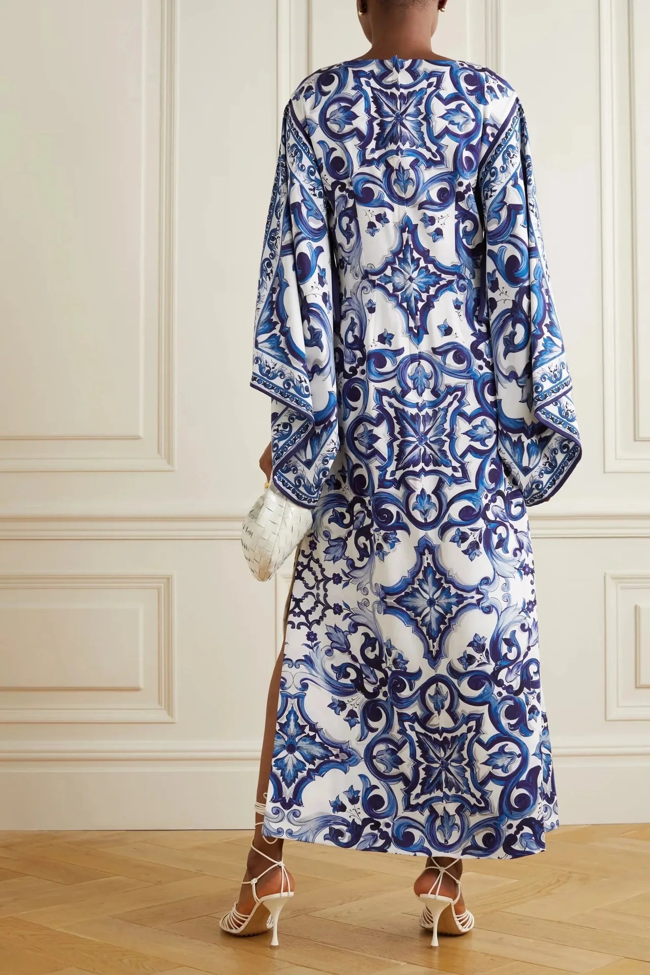 New Spring O-Neck Long Sleeve Maxi Dress for Women | Elegant Loose Commuting Dress | Blue & White Porcelain Print with Side Split