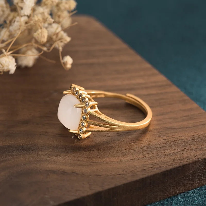 PANJBJ 925 Sterling Silver Hotan Jade Geometric Adjustable Ring | Retro Delicate Jewelry Gift for Women