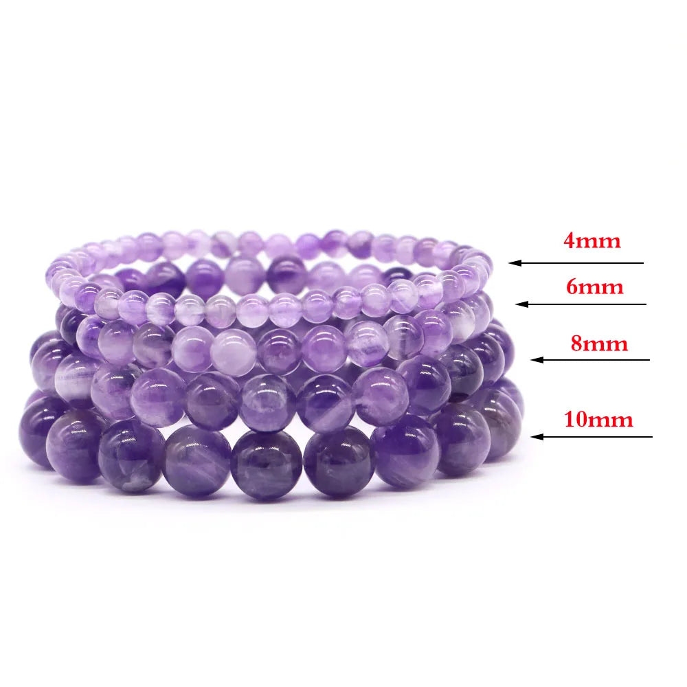 Natural Stone Healing Crystal Bracelet | Amethyst, Quartz & Agate Round Beads Elastic Stretch Bangle for Women & Men